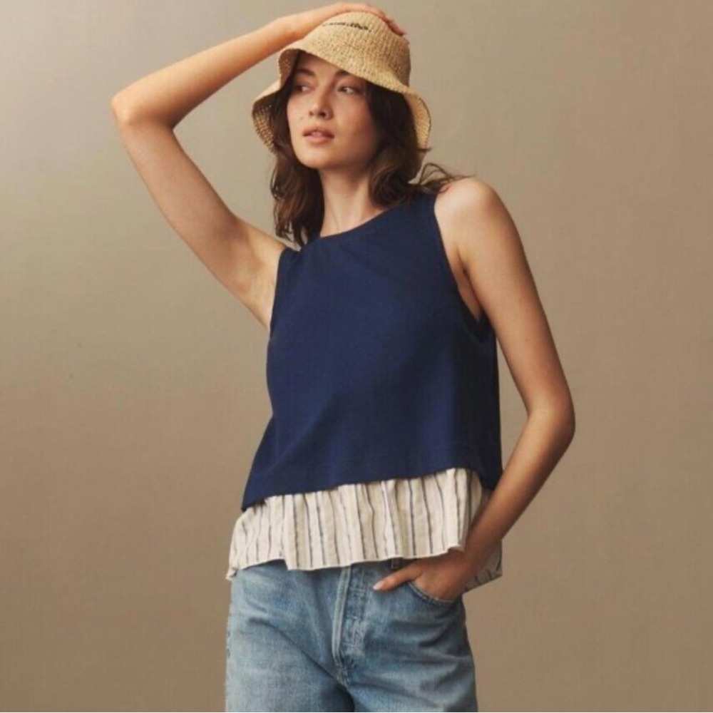 Anthropologie Navy Blue Layered Tank Top with Cream Striped Ruffle